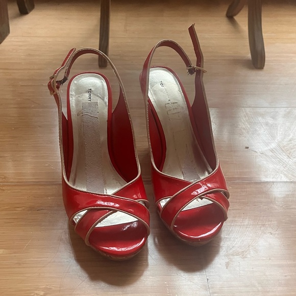 Red Faux Patent Leather Peep Toe Wedge Heels from Tommy Hilfiger - Picture 3 of 5